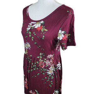 Dearcase Long Floral Dress Pockets Red Maroon Flowers Womens Large Floor Length